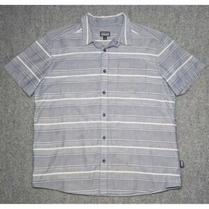 Patagonia Stripe Button Up Shirt Mens Large Organic Cotton Short Sleeve Gray
